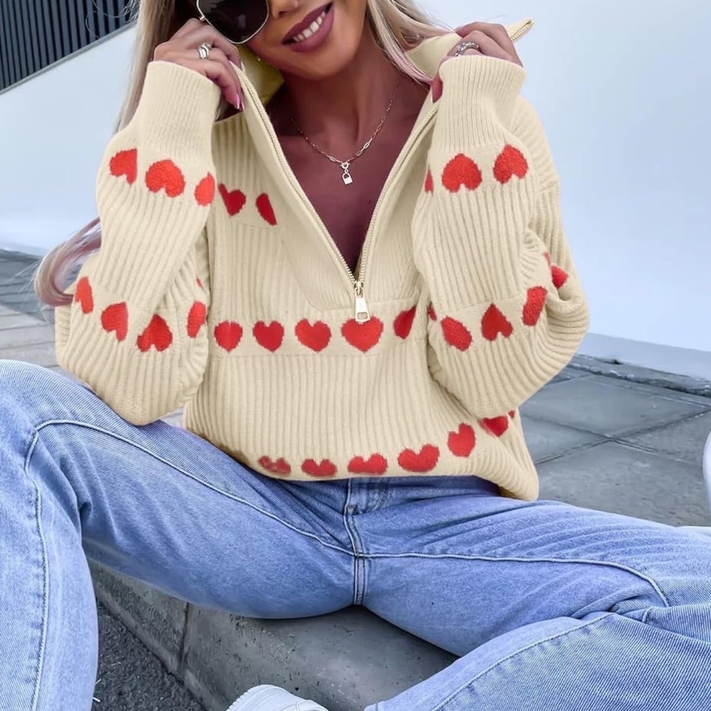 Love Heart Sweater Quarter Zip Sweater Women Valentines Pullover Knitted